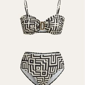 Commense Black and White Geometric High-Waist Bikini Large